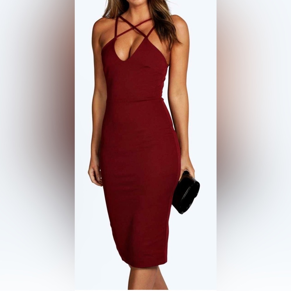 Boohoo Ladies Midi Night Black Dress Bodycon / Off the Shoulder Wrap Midi dress
